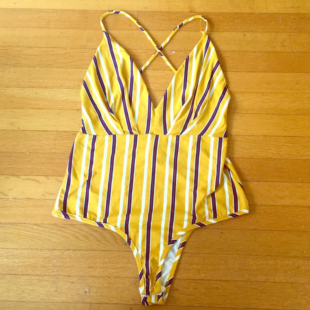 Never worn M yellow-striped backless bodysuit